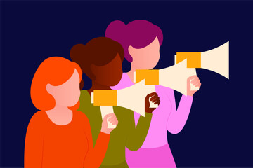 Illustration vectorielle de trois femmes parlant dans des mégaphones