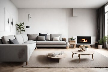 attrective looks  corner sofa near fireplace. Scandinavian home interior design of modern living room,looks as HD camera  
