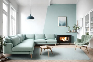light green and light blue corner sofa near fireplace. Scandinavian home interior design of modern living room,looks as HD camera  