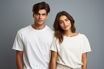 Attractive man and woman models in blank white t-shirt over gray background. Mockup shirt for branding, design, advertising, commerce. Unisex fashion. Generation ai. - obrazy, fototapety, plakaty