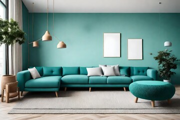 Two knitted poufs near light dark cyan corner sofa. Scandinavian home interior design of modern living room  
