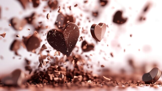 バレンタインをイメージしたハート形のチョコレートと砕け散るチョコの欠片
