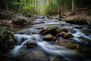 Obraz premium A tranquil river winds its way through a lush forest, cascading over a majestic waterfall and nourishing the surrounding landscape with its life-giving waters
