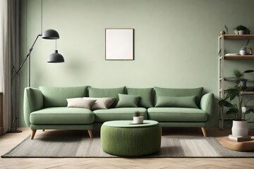 one knitted poufs near dark light green corner sofa copy space. Scandinavian home interior design of modern living room  
