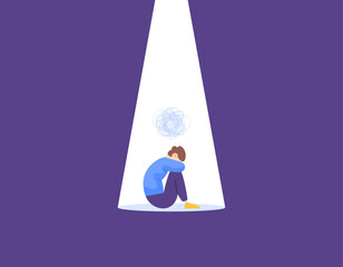 Illustration of a man is sitting curled up in a quiet room. the concepts of loneliness, alone, depression, and stress. The head is full of complicated things and has many problems. mental health
