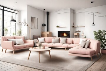 Naklejka na ściany i meble light white and light pink corner sofa near fireplace. Scandinavian home interior design of modern living room 