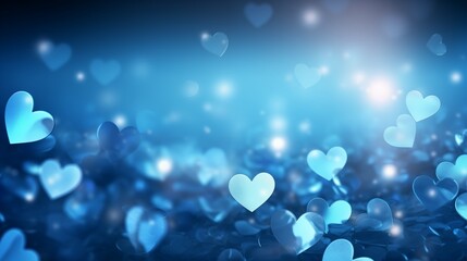 Blue background of glittering bokeh and shapes of hearts	