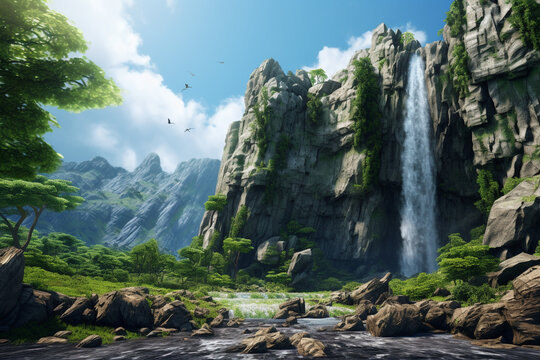 Waterfall in the mountains, beautiful waterfall