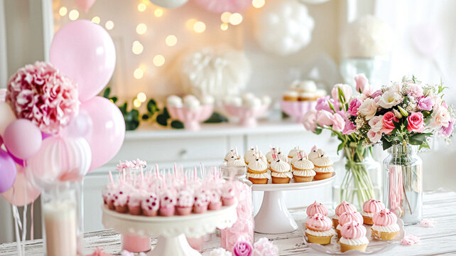 Birthday tablescape or candy bar with sweets, Birthday cake and cupcakes, beautiful party celebration