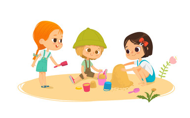 Playground with kids. Vector illustration of children, boy and girl share their toys while playing in sandbox sandpit on playground. Children on the playground area, playing together. Vector