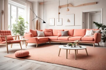 light Coral corner sofa near fireplace. Scandinavian home interior design of modern living room,looks as HD camera  