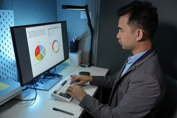 Fototapeta na wymiar Young Asian businessman sits typing on a PC, analyzing, looking up data from graphs. Statistics on financial growth, marketing, trends in the company's possibilities. startup business idea.