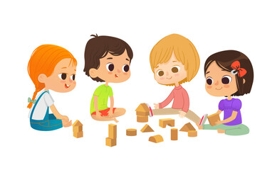 Smiling kids sit on floor in circle, play with toy cubes and talk. Children's entertainment, preschool and kindergarten activity concept. Vector illustration for website, banner, poster.