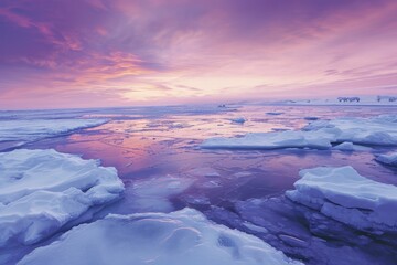 A stunning winter landscape with the fiery sunset reflecting on the frozen sea ice, melting glaciers and majestic snow-covered mountains, creating a mesmerizing blend of fire and ice in the arctic sk