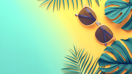 Minimalist summer concept with a palm tree beach sunglasses on blank yellow green background - obrazy, fototapety, plakaty