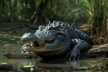 A prehistoric predator, the crocodile, basks in the tranquil waters of its natural habitat, surrounded by lush greenery and a towering tree, embodying the fierce beauty of this ancient reptile