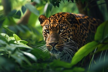 A majestic african leopard gracefully stands amongst the lush green foliage, showcasing its innate power as a terrestrial mammal and reminding us of the wild beauty of nature