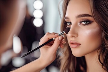A skilled makeup artist carefully enhances a woman's natural beauty, using a variety of cosmetics including lipstick, eye shadow, and mascara, while her long hair frames her face in this stunning ind - obrazy, fototapety, plakaty