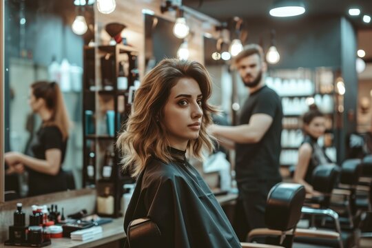 A stylish woman awaits her transformation, surrounded by the bustling energy of a busy hair salon as the skilled hairdresser prepares to work their magic