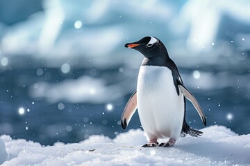 Fototapeta premium A majestic adaalie penguin gracefully stands on a blanket of glistening snow, embodying the resilience and beauty of the flightless birds of winter