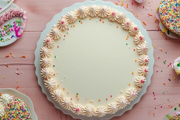 Cake with white cream and nice background. Top view.