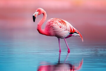 A majestic greater flamingo gracefully stands in the tranquil waters, its vibrant plumage and elegant beak reflecting the beauty of this magnificent aquatic bird in its natural habitat
