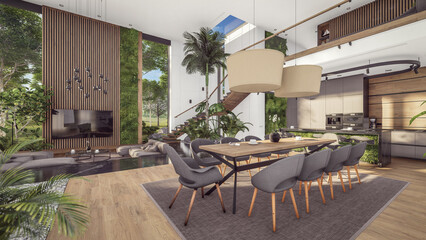3d rendering of expensive cozy interior with green walls with living dining zone stair and kitchen for sale or rent. Spacious apartments with expensive furniture, equipment and flowers