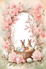 Vintage Rabbit Watercolor With Easter Eggs in Basket with Pink Blossoms in Nature's Frame: A Beautiful Spring Garden with Cherry and Apple Trees in Full Bloom
