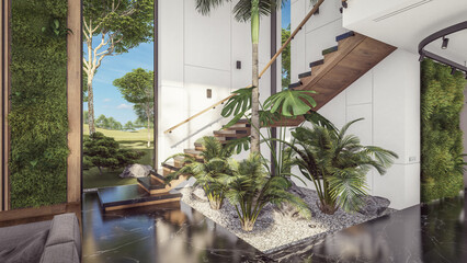 Fototapeta premium 3d rendering of expensive cozy interior with green walls with living dining zone stair and kitchen for sale or rent. Spacious apartments with expensive furniture, equipment and flowers