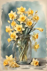 Daffodil Flowers Watercolor illustration in glass vase jar, Spring flower watercolor on blue background