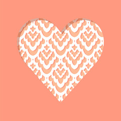 monochrome peach and white flat geometric heart shaped paper like cutout on delicate lace damask textured background romantic lovely vector square card poster centerpiece illustration  - 707098428