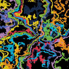 Bright colorful splatter stain brush strokes on black background.  Rainbow trendy design. Element. Vector illustration.