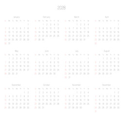 Monthly calendar of year 2028. Week starts on Sunday. Block of months in two rows and six columns horizontal arrangement. Simple thin minimalist design. Vector illustration.