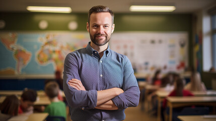 Fototapeta premium The male teacher stood in the classroom and the classroom background.. Ai generate.