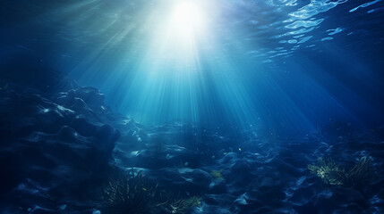 Obraz premium underwater view of the sun, Abstract image of Tropical underwater dark blue deep ocean wide nature background with rays of sunlight, Ai generated image