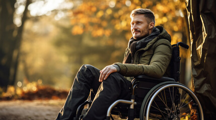 Portrait of disabled mature man, smiling for the camera, in the park.