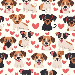Vector seamless pattern with cute dogs, bones and paws on light blue. Cute dog breeds in different poses isolated on light blue background. 