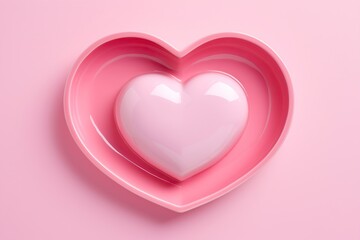 Pink heart on a heart-shaped plate against a pink background. Valentine's Day concept.