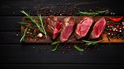 Pieces of fresh beef with herbs garnish on black wooden board background, on dark wood table counter, top down view