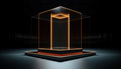 Glowing cube with orange light in a dark room. The concept of modern art and design.