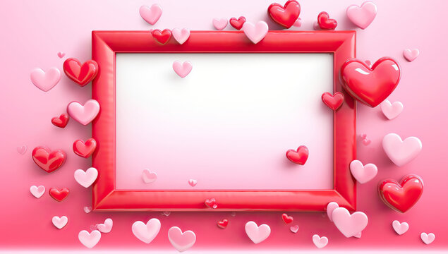 A photo frame surrounded by pink hearts on a pink background. The concept of Valentine's Day and romance.