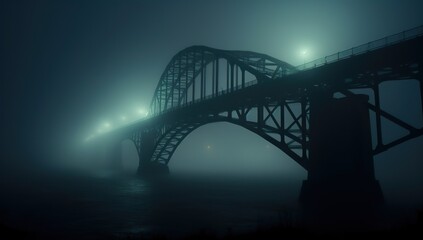 Bridge illuminated by lamps in fog at night.