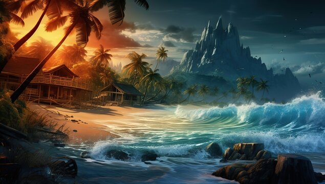 A tropical beach with huts and palm trees against the backdrop of mighty mountains and turbulent waves. The concept of nature retreat and the power of the elements.