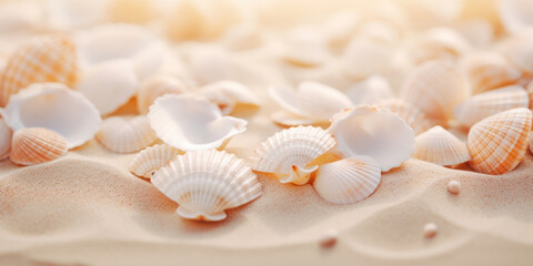 Fototapeta na wymiar A tranquil seashore with delicate seashells on golden sand, evoking relaxation and coastal beauty.