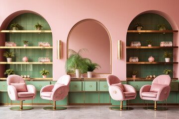 A comfortable and luxurious vintage-inspired beauty salon with classic pastel elegance and modern...