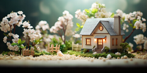 Obraz na płótnie Canvas A miniature model of a residential eco-home surrounded by a blossoming garden, representing real estate concepts.