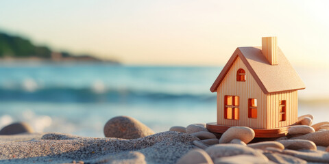 A seaside miniature wooden house, blending nature and real estate concepts by the ocean.
