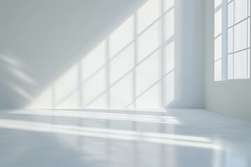 Abstract white studio background for product presentation. Empty room with shadows of window....