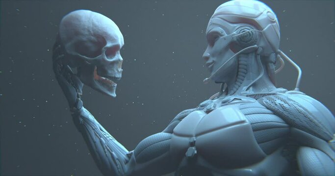 Closeup shot of Robot holding human skull, AI dominance, digital life vs humankind, 3d render