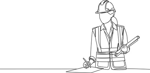 continuous single line drawing of civil engineer or architect with constructions plans, line art vector illustration
